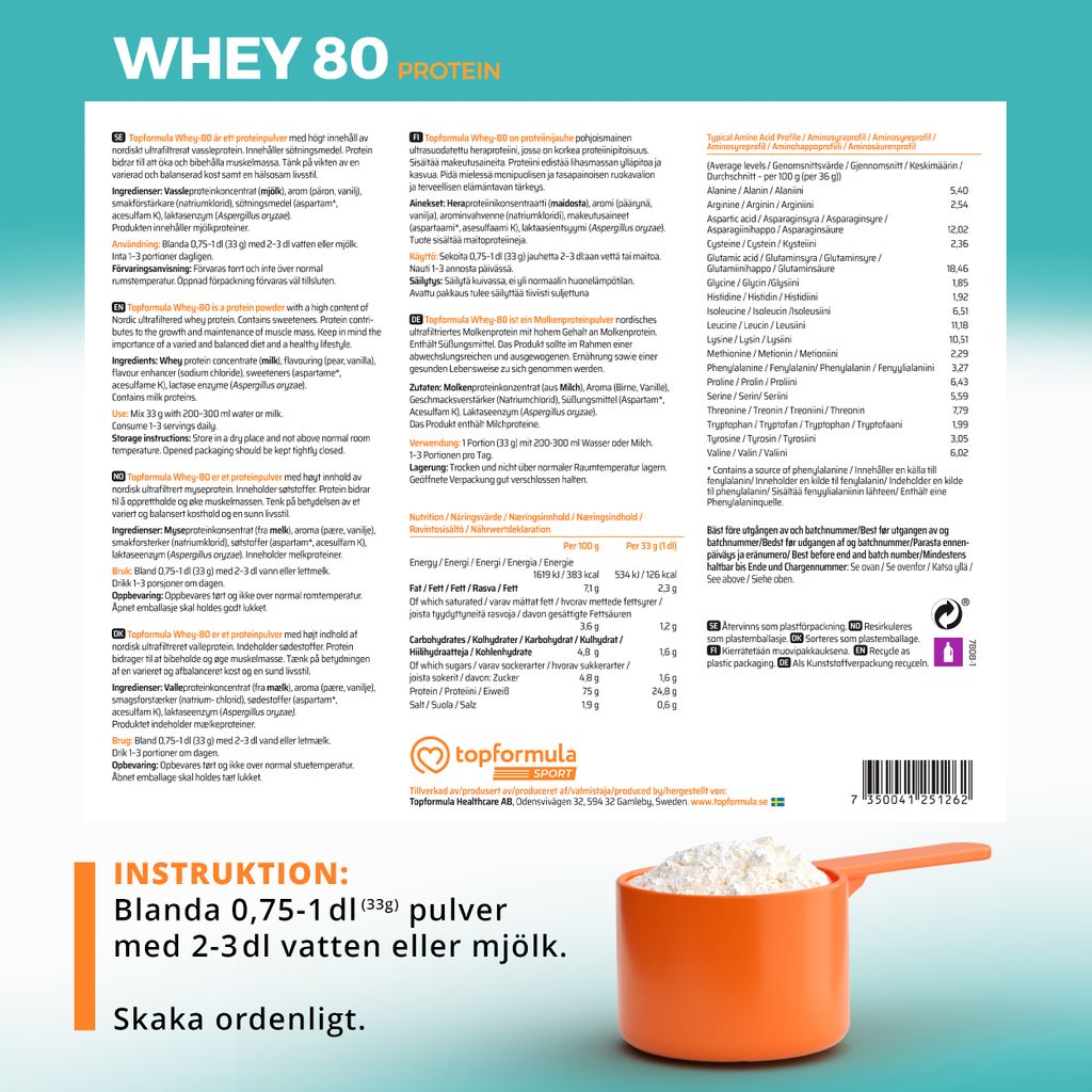 Topformula Sport | Whey 80% Protein Päron & Vanilj - 1000g