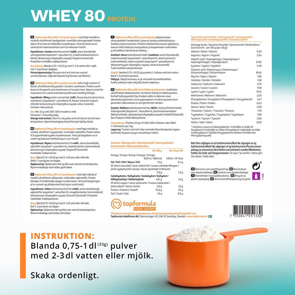 Topformula Sport | Whey 80% Protein Kanelbulle - 1000g