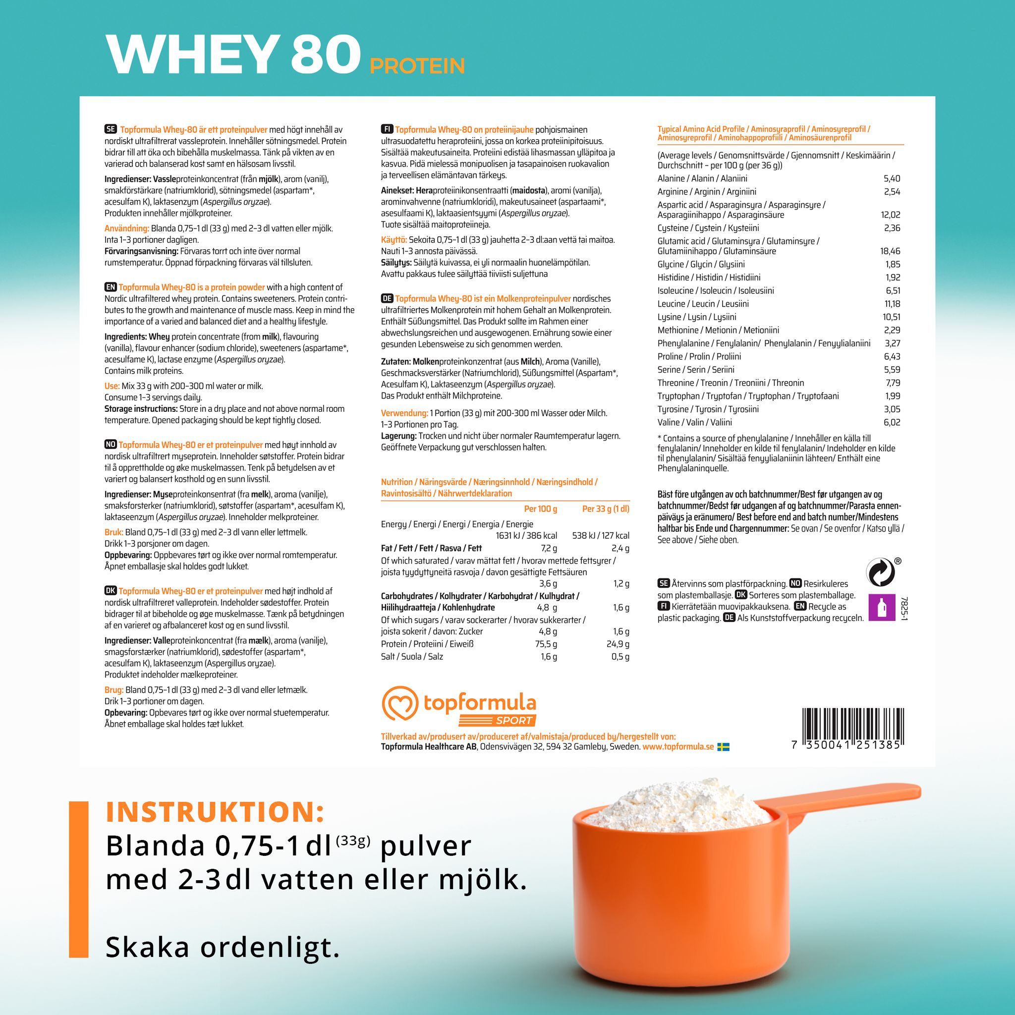 Topformula Sport | Whey 80% Protein Vanilj - 1000g