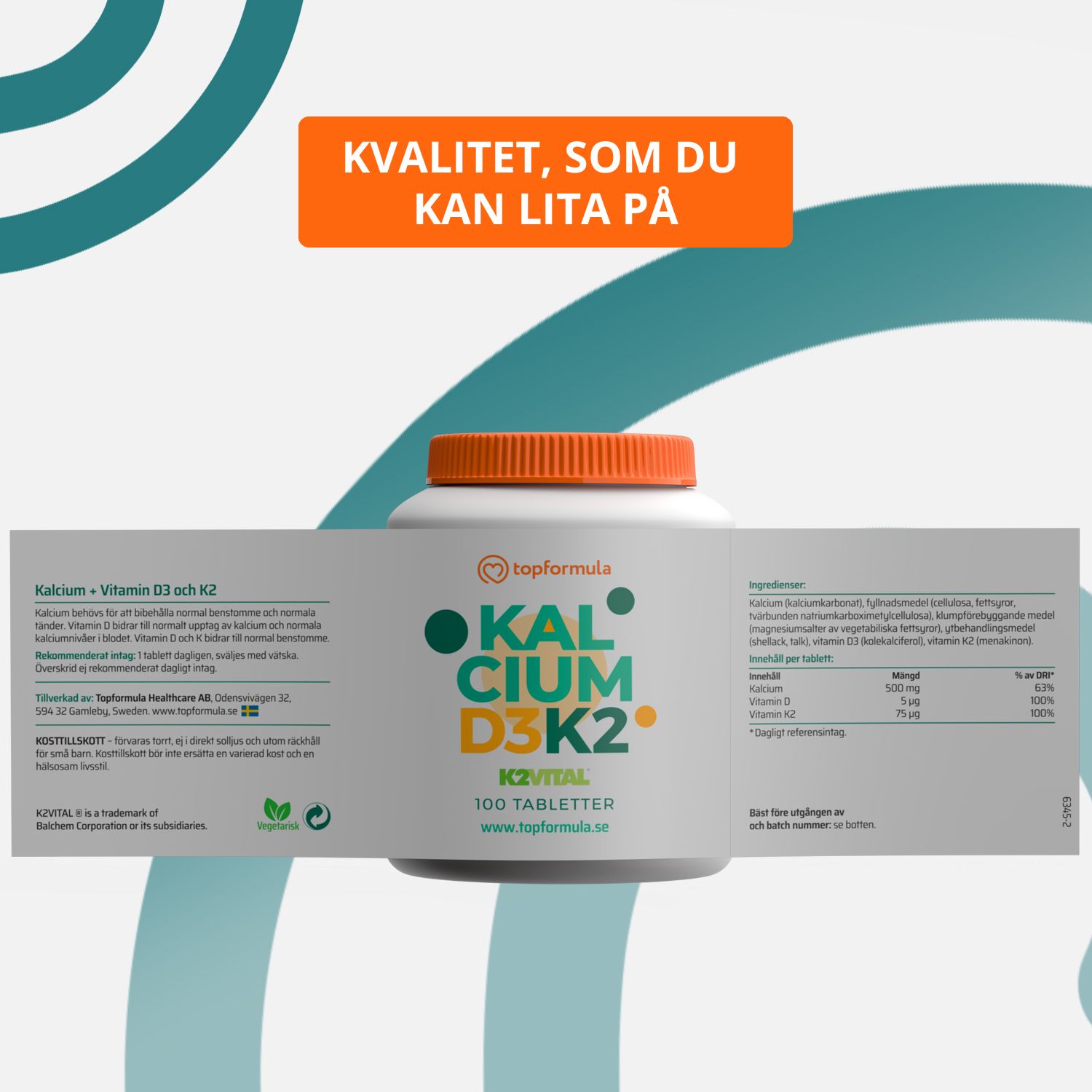 Topformula | Kalcium + Vitamin D3 och K2 | 100 tabletter