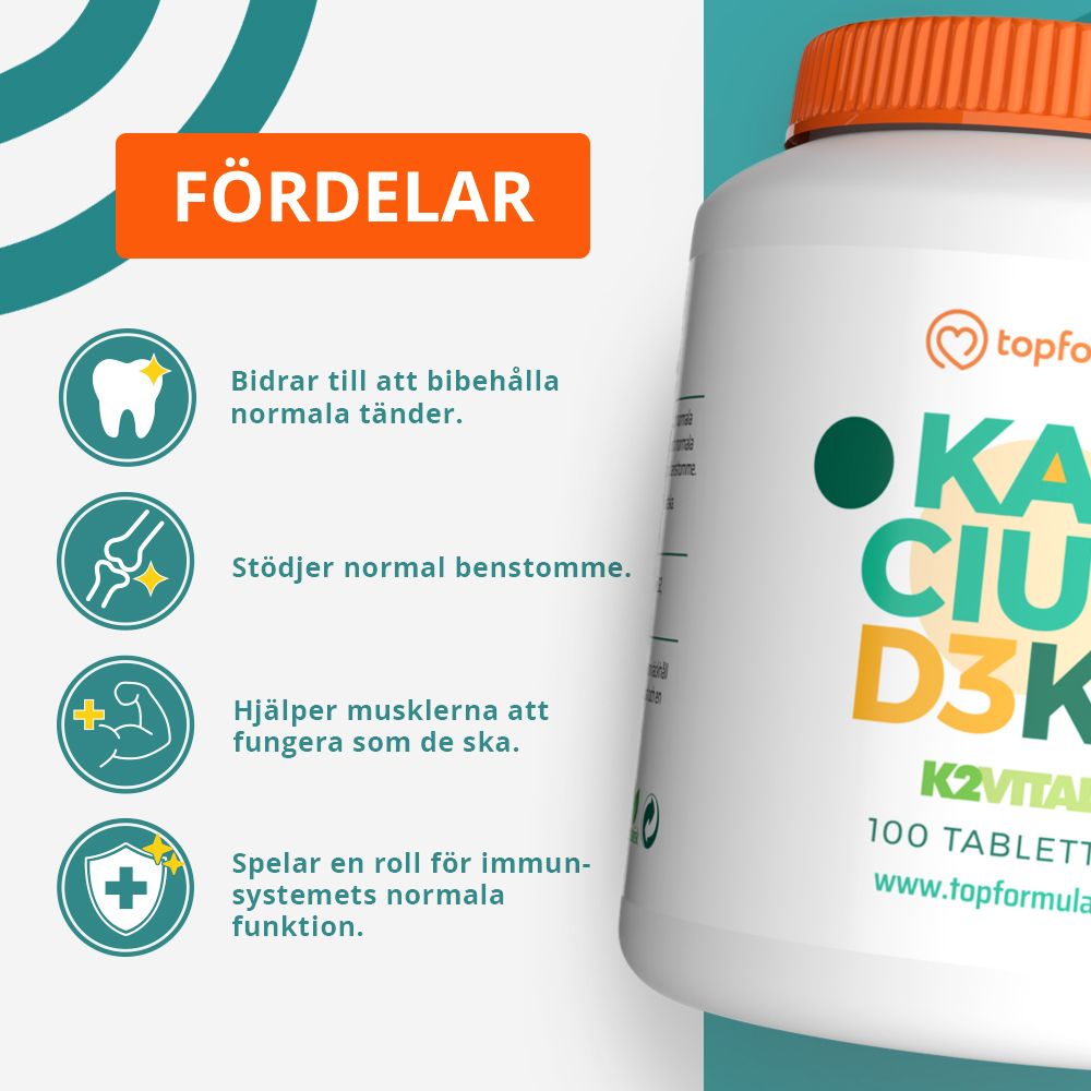 Topformula | Kalcium + Vitamin D3 och K2 | 100 tabletter