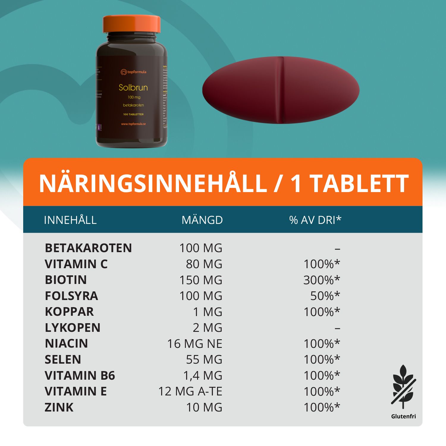 Topformula | Solbrun | Betakaroten 100 mg | 100 tabletter