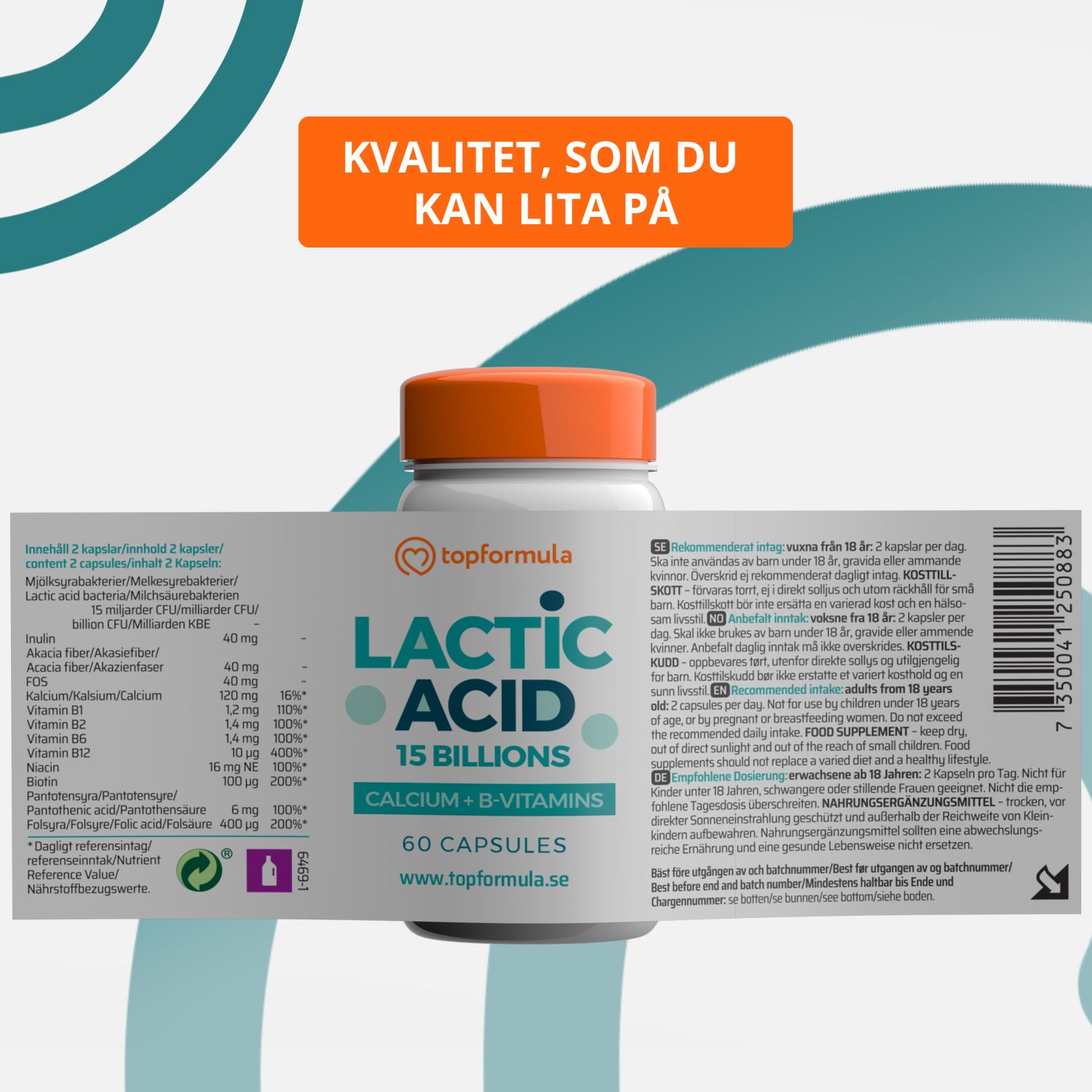 Topformula | Mjölksyra 15 miljarder + Kalcium & B-vitaminer | 60 kapslar