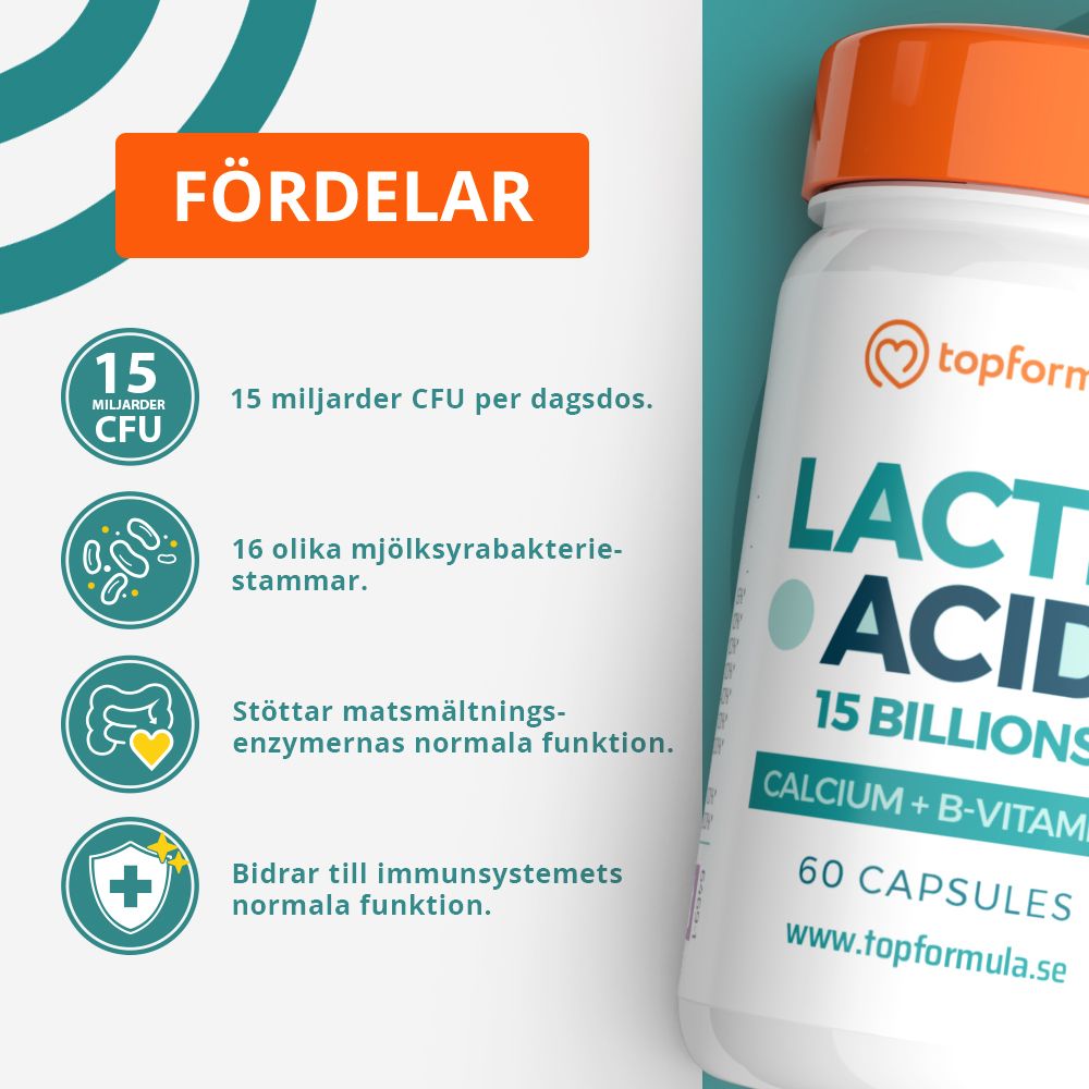 Topformula | Mjölksyra 15 miljarder + Kalcium & B-vitaminer | 60 kapslar