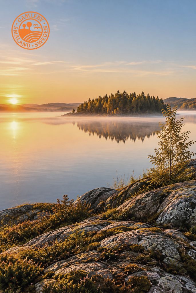 Skogsklädd ö som speglas i en stilla sjö i morgonljus.