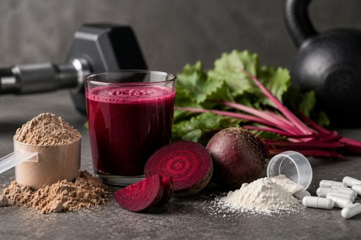 Rödbetsjuice, rödbetor och kosttillskott på ett bord