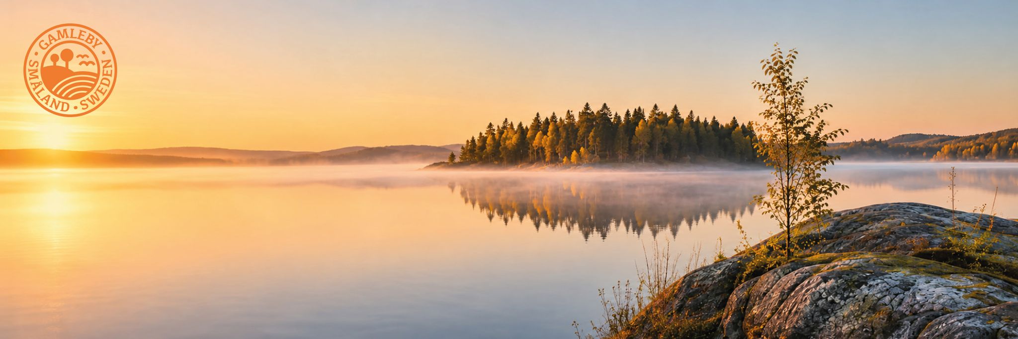 Skogsklädd ö som speglas i en stilla sjö i morgonljus.