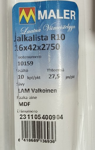 JALKALISTA 16X42X2750 R10 MDF LAM VALKOINEN 9KPL/PKT