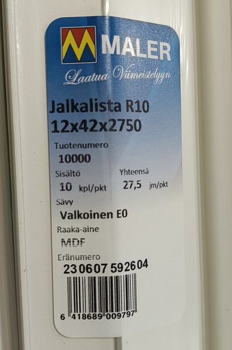 JALKALISTA 12X42X2750mm R10 MDF VALKOINEN E0 63KPL/PKT