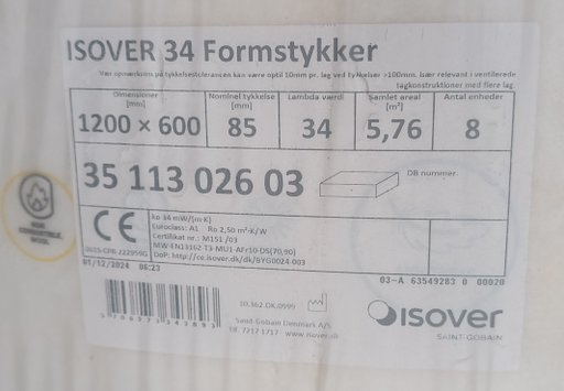 LASIVILLA ISOVER 34 FORMSTYKKE 85x600X1200mm 5,76m2/PKT