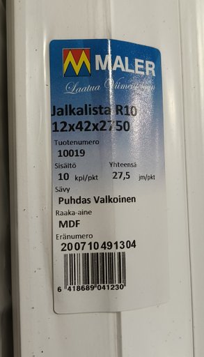 JALKALISTA 12X42X2750mm R10 MDF PUHDAS VALKOINEN 35KPL/PKT