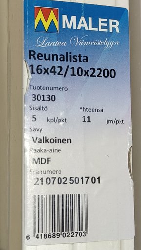 REUNALISTA 16X42/10X2200mm AAVA MDF VALKOINEN 52KPL/PKT