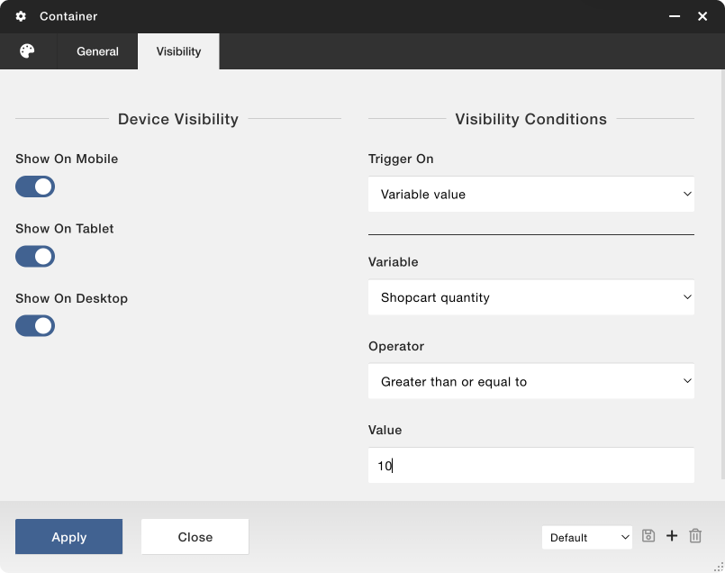 How to modify visibility conditions for Containers
