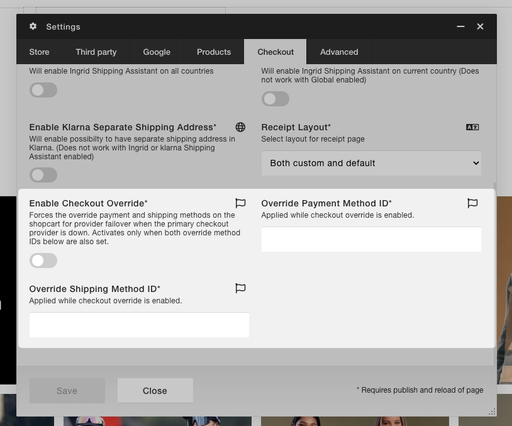 Checkout override settings in Viskan CMS