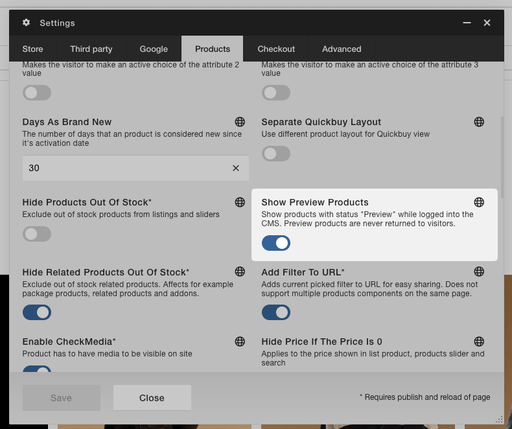 Show Preview Products store setting in Viskan CMS