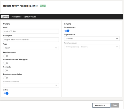 Return reason editor with translations and default values