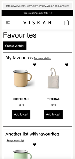 Wishlist page in a Streamline 4 store