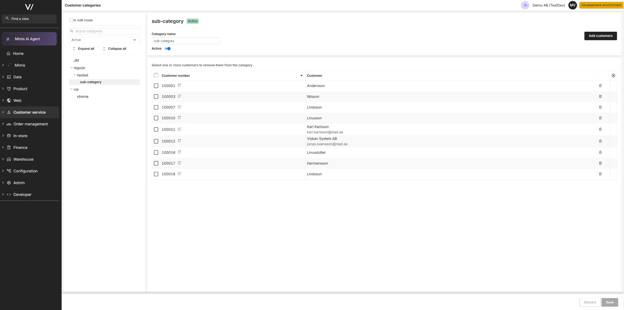 Customer categories view in Viskan Backoffice