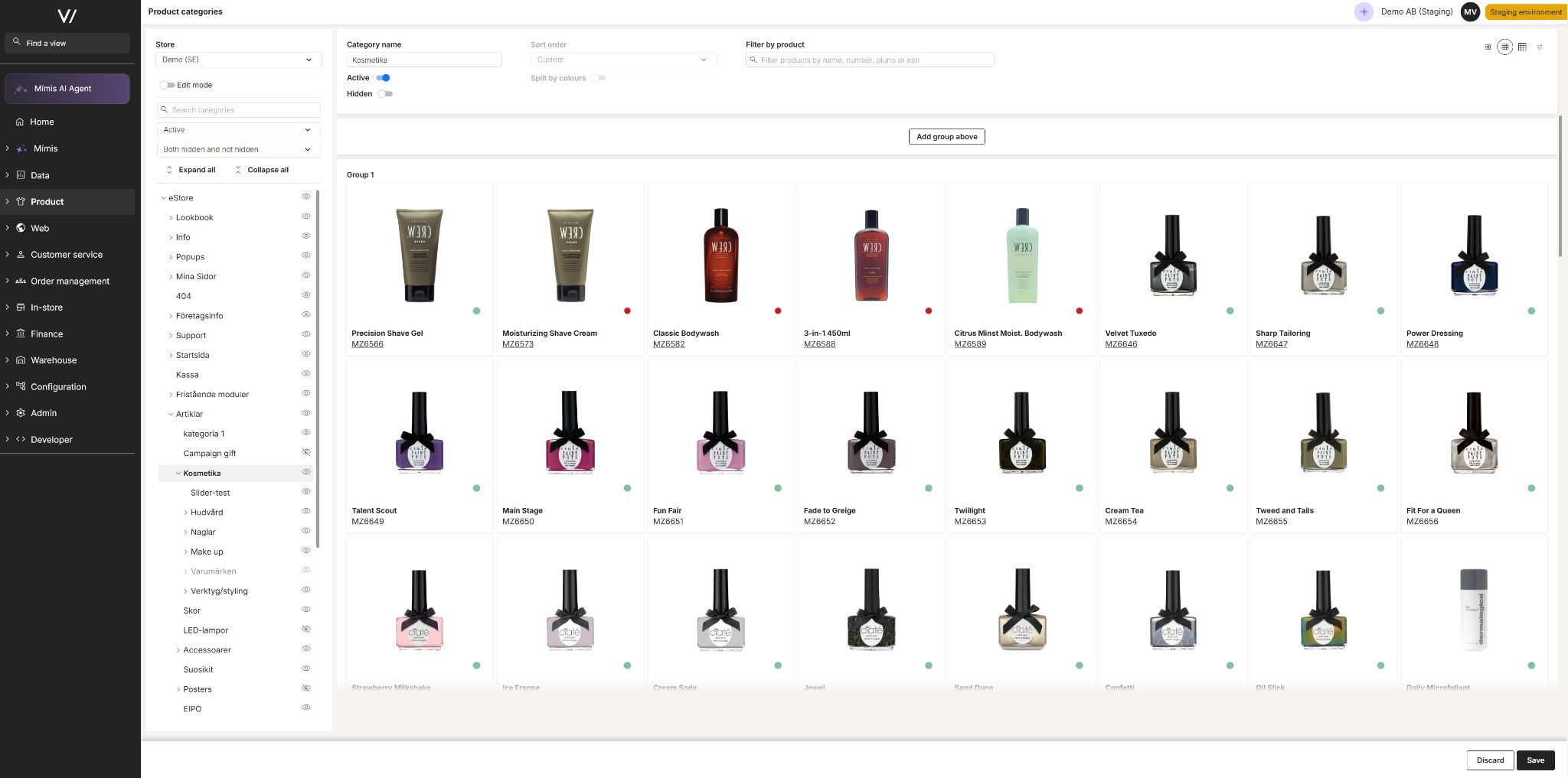 Product categories view in Viskan Backoffice