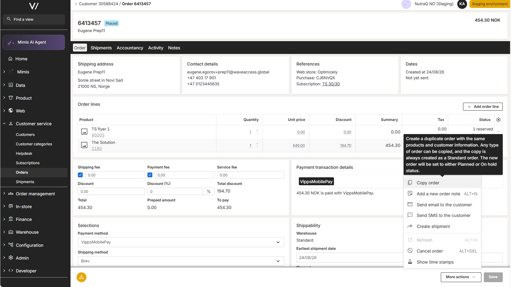 Copy order action in the order editor