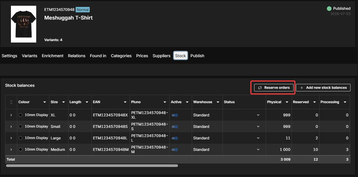 Reserve orders action on the product editor stock tab