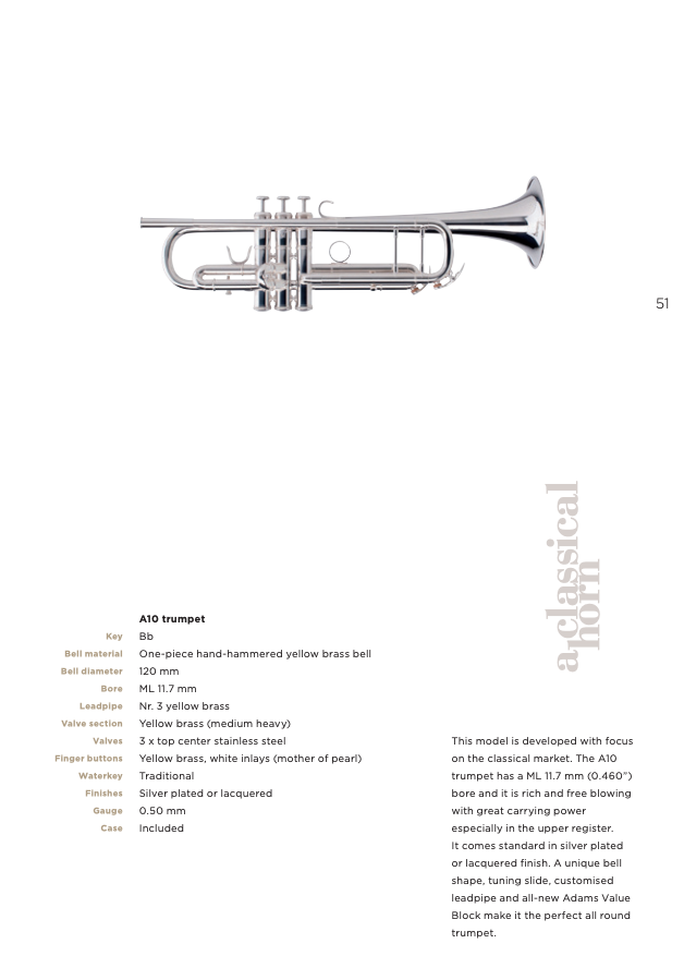 Trumpet Adams Custom Series A10, Guldlack - A10