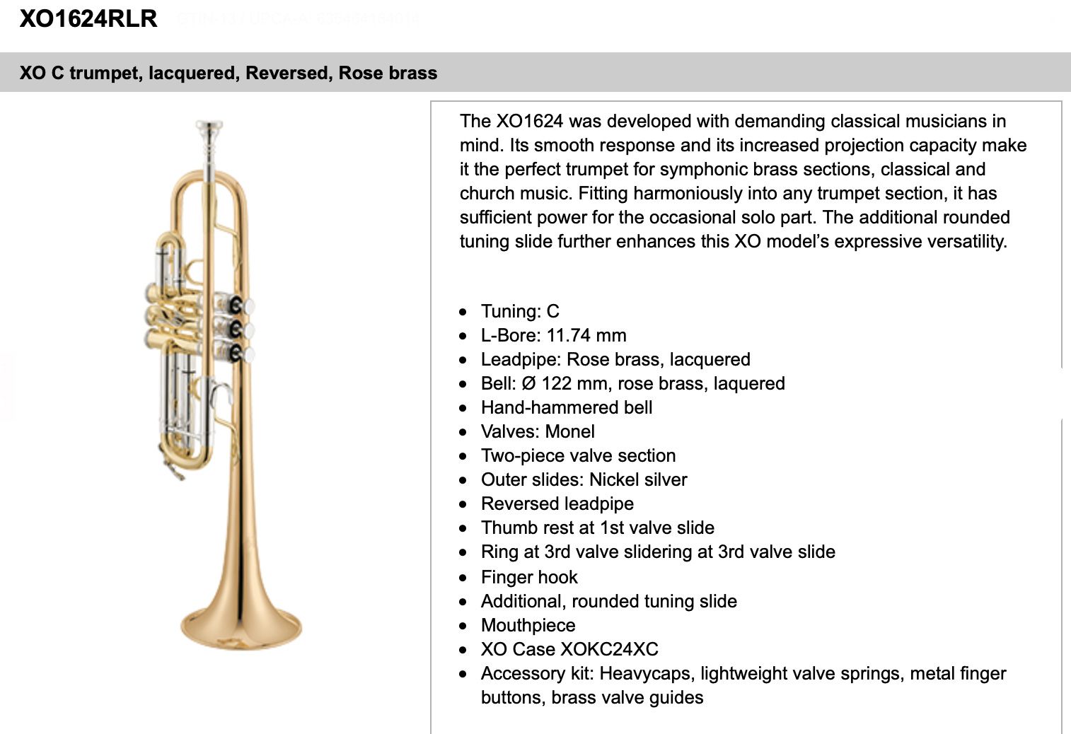 Trumpet C XO1624 RLR reversed, Rosebrassklocka, Lack