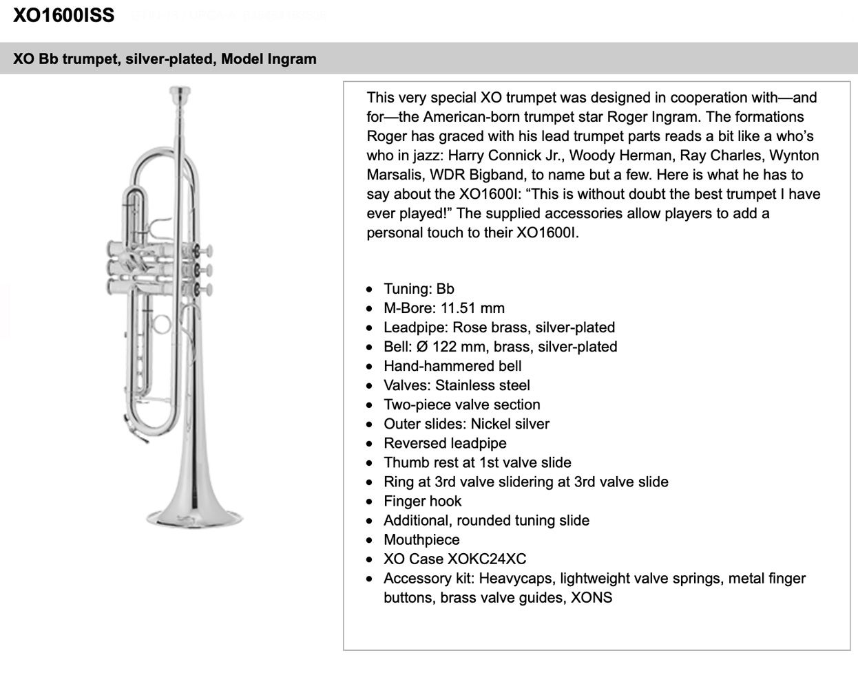 Trumpet XO 1600I Silver