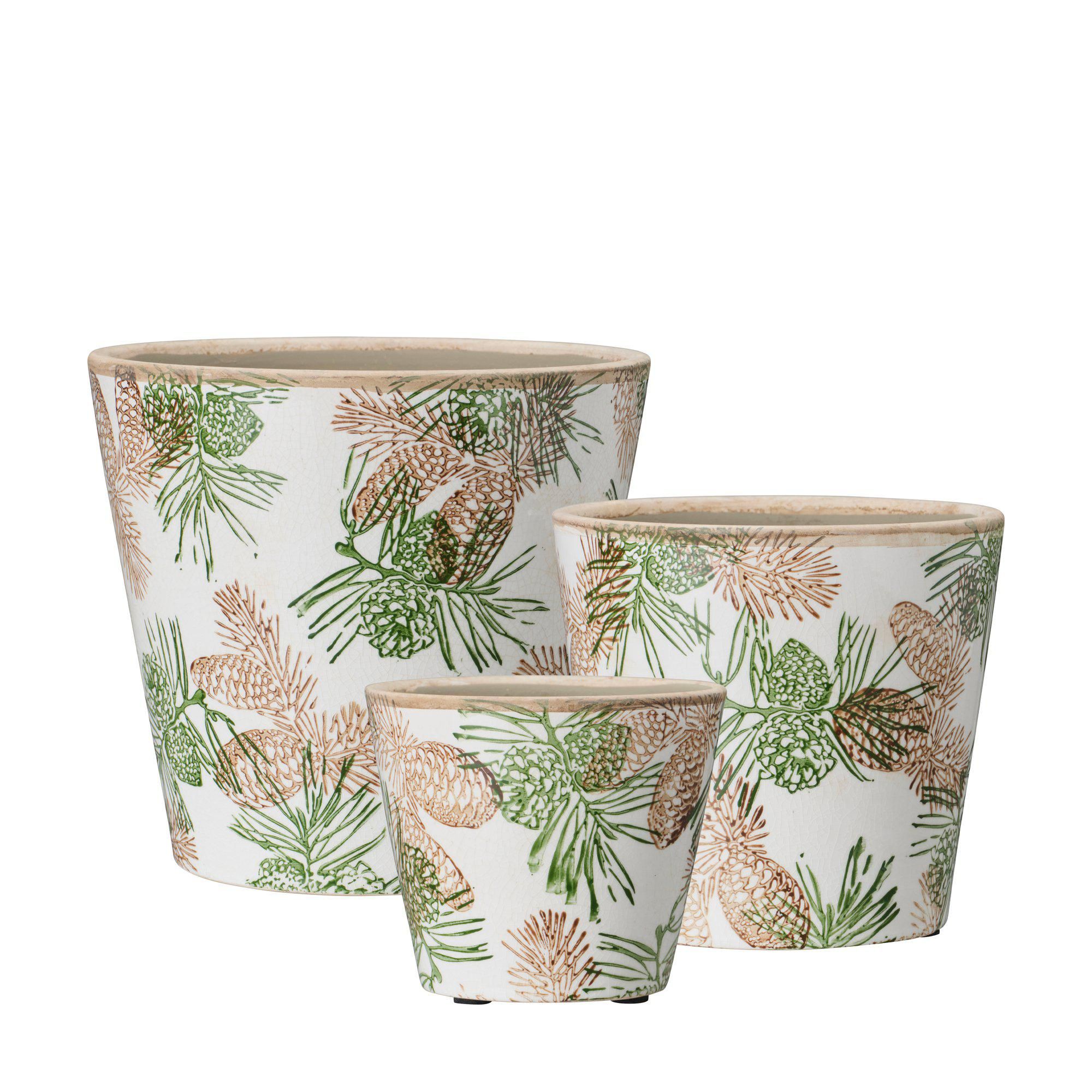 SABINA Pot S/3 White/Green/Brown - White/Green/Brown - 18x16 14x13 11x10cm