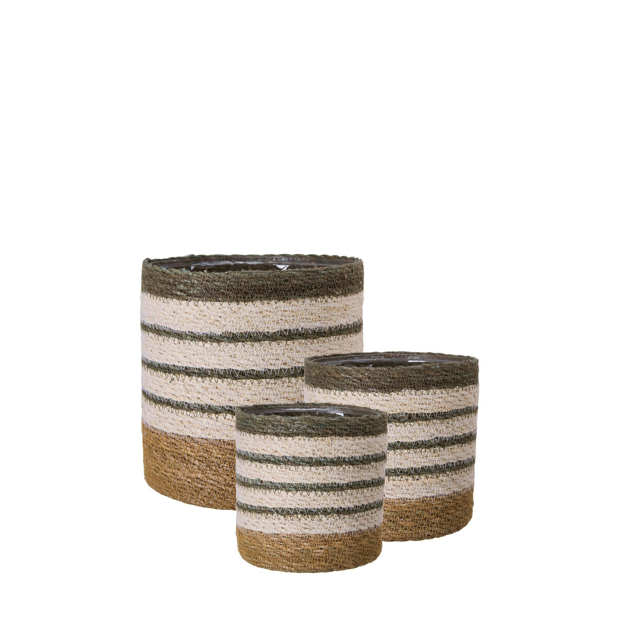BELLE Pot Stripe S/3 Natural/White/Green - Natural/White/Green - 19x19 15x16 13x13cm